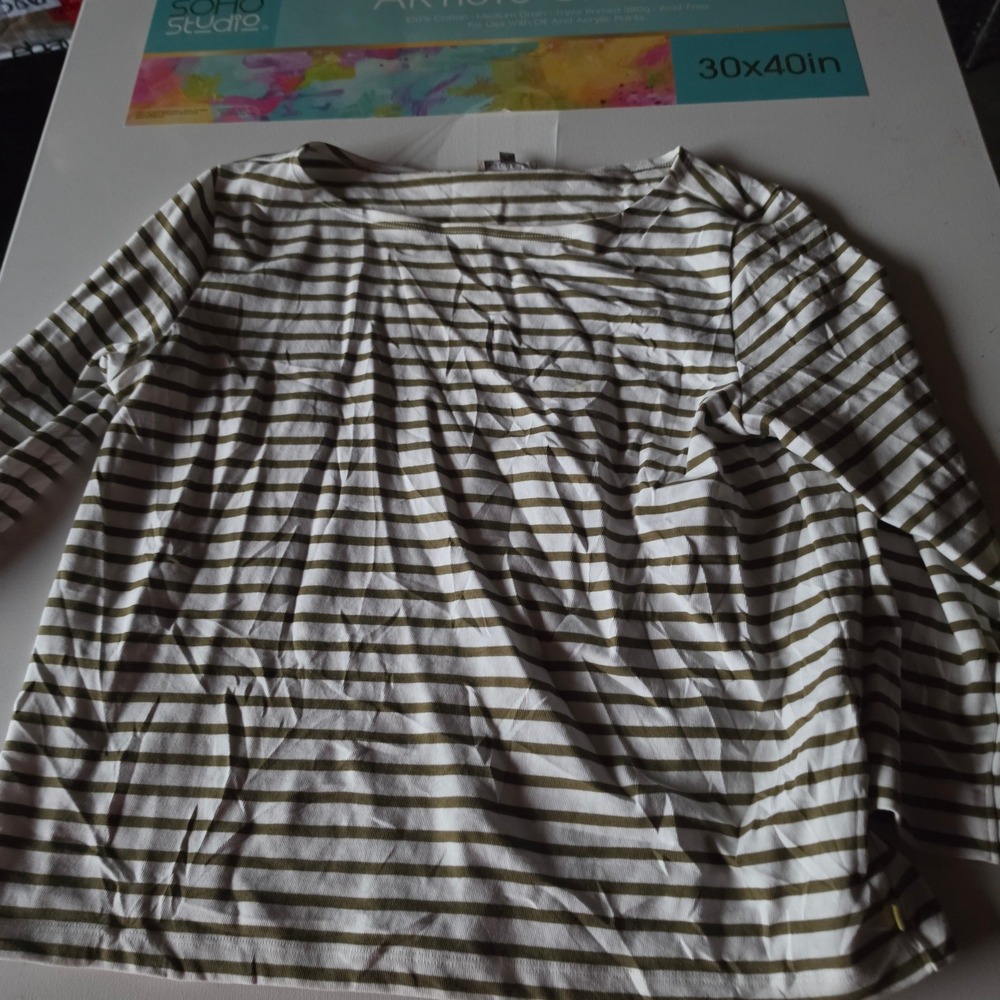 Lilla P Womens Olive Green White Striped Long Sleeve Boat Neck Top Large Peru